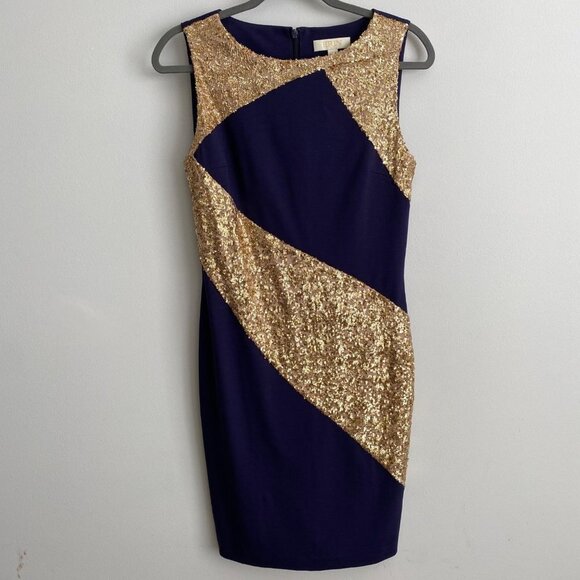 Erin Fetherston Womens Sleeveless Sheath Dress Size 8 Navy Gold Sequin Formal - Picture 1 of 10